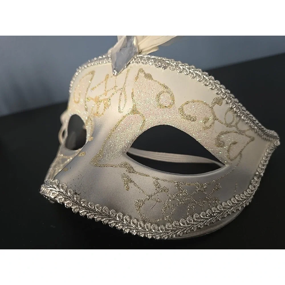 Mardi Gras Carnival Masquerade Party Eye Mask Silver Glitter‎ Sparkles Feathers